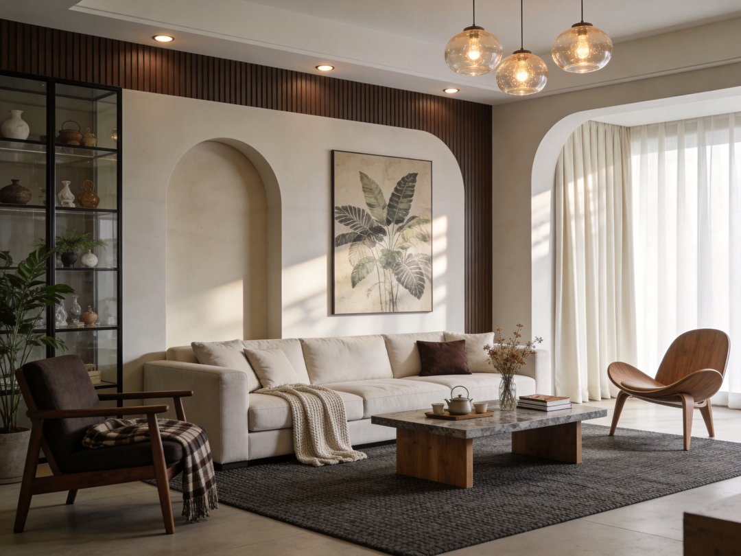 Living Room with Cream Curtains