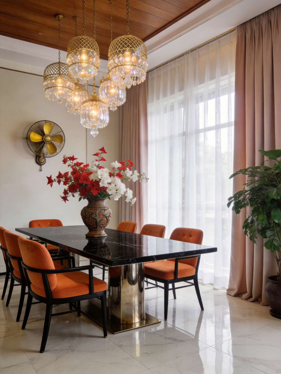 Luxurious and elegant dining room featuring a black marble dining table, orange velvet chairs, ornate crystal chandeliers, and floor-length pink curtains.