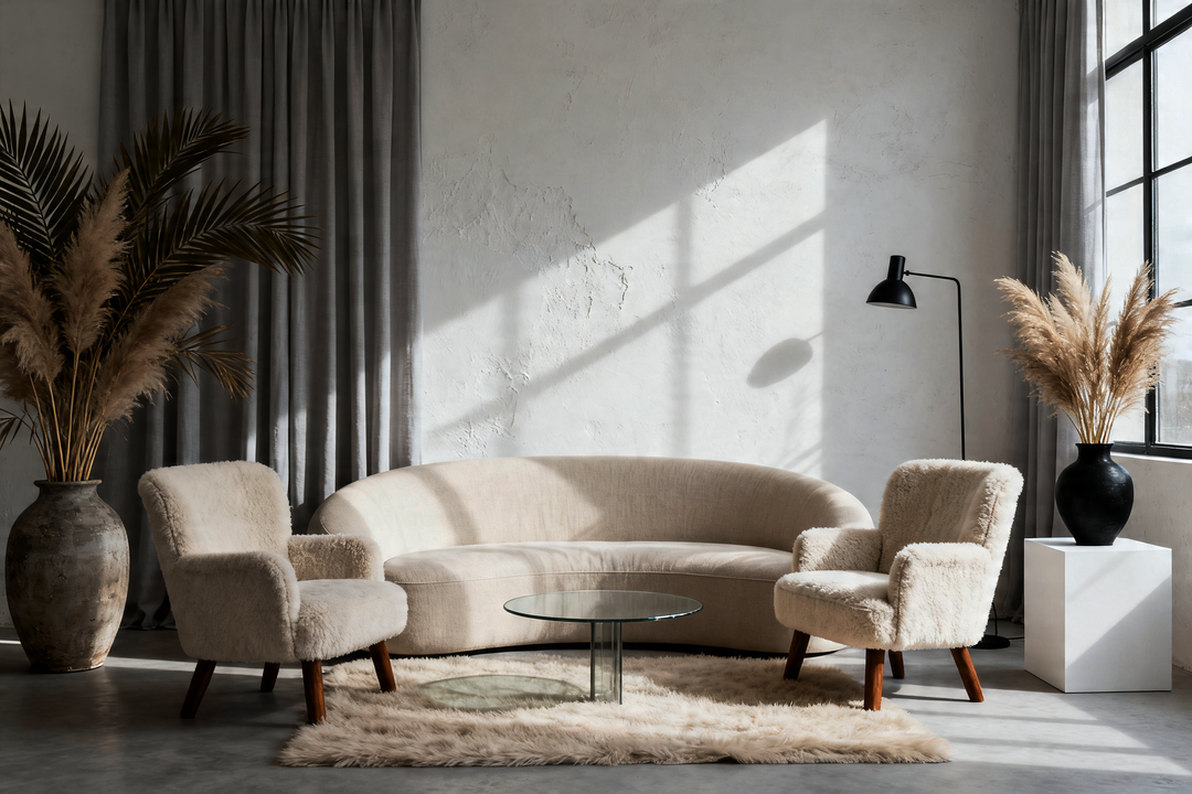 LUSTROWIN custom floor-length gray drapery panels in an organic modern living room setup, featuring symmetrical bouclé armchairs, a glass coffee table, and pampas grass decor under soft natural light.