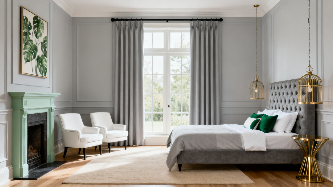 Floor-to-length grey blackout curtains next to a white armchair seating area and a vintage green fireplace.