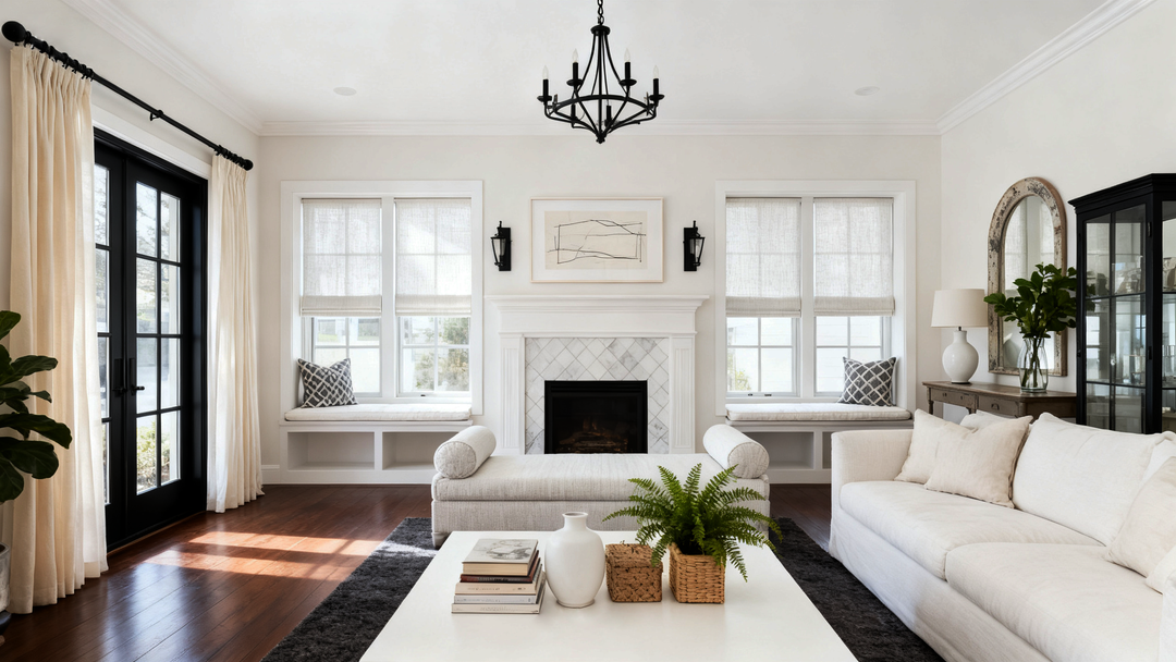 Elegant and spacious living room featuring a fireplace, window benches, black French doors, and light curtains.