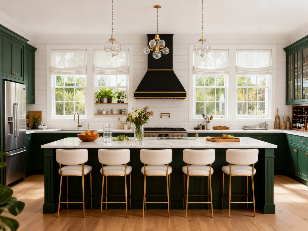 White linen Roman shades in a modern kitchen with natural light and dark green cabinets