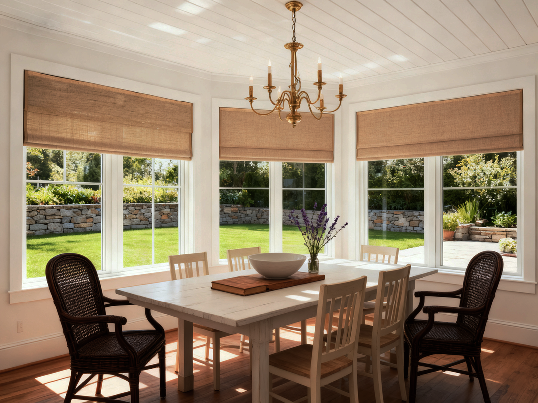Bright dining space with a white table, mixed seating of white and dark rattan chairs, and woven shades under a brass chandelier.