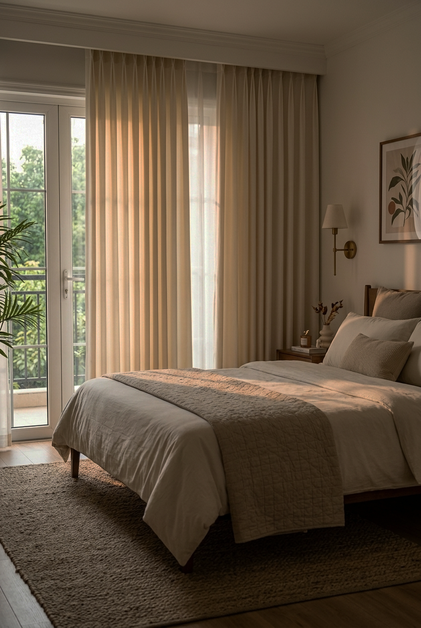 Cozy modern bedroom featuring neutral bedding and sunlight-filtering pleated curtains.