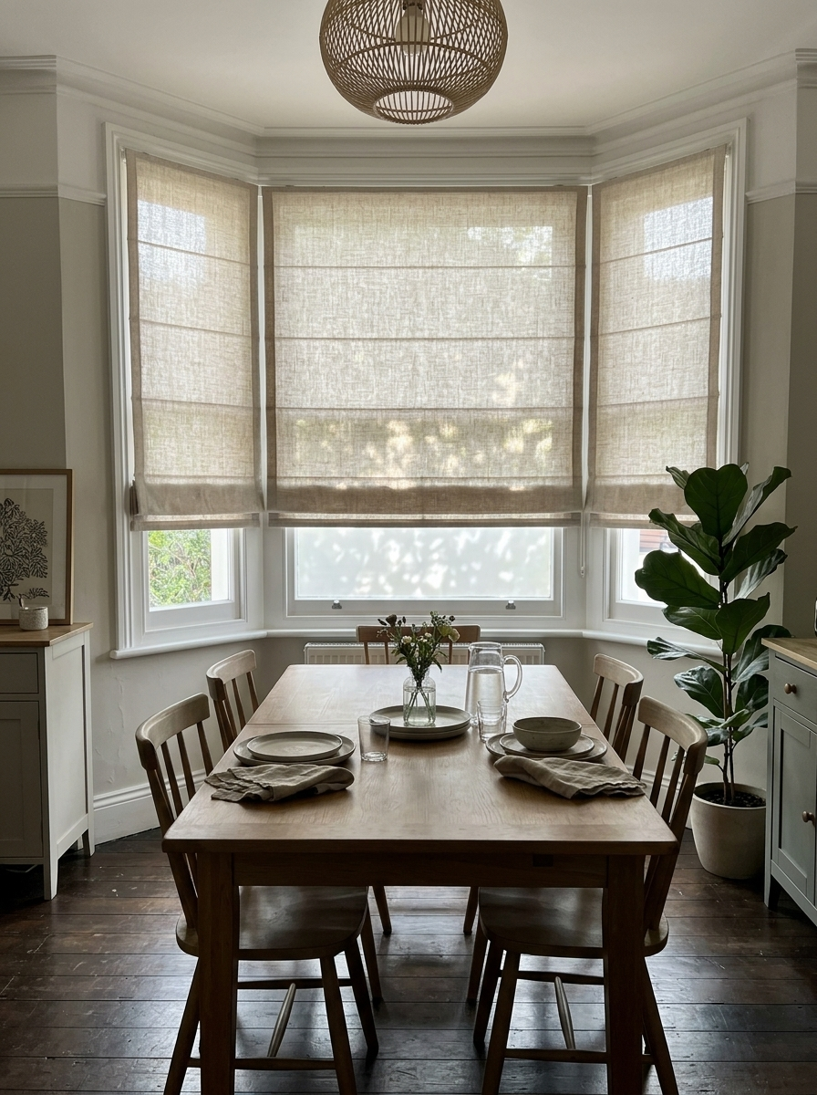Bay window styled with custom light-filtering linen Roman shades, allowing soft daylight into a modern dining space while maintaining privacy and a warm, natural aesthetic.