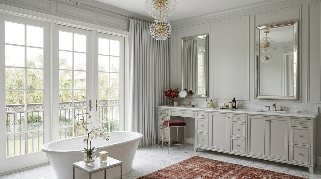 Luxury bathroom with floor-to-ceiling light gray pinch pleat curtains, freestanding bathtub, marble flooring, and elegant French doors.