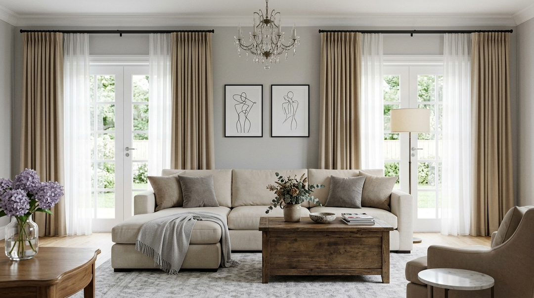 Elegant living room featuring beige pinch pleat curtains layered with white sheer curtains on black curtain rods, framing French doors with a neutral sofa, wood coffee table, and classic chandelier.