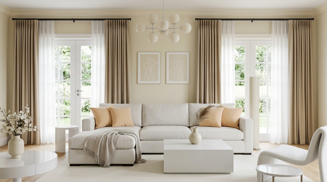 Modern living room featuring layered beige drapes and sheer curtains over large glass doors with a white sectional sofa.