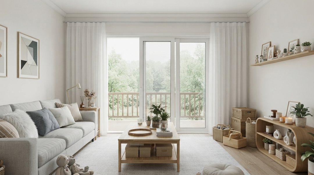 Minimalist living room featuring white linen pinch pleated curtains on a large sliding glass door, allowing natural light to brighten the cozy modern space with soft neutral furnishings.