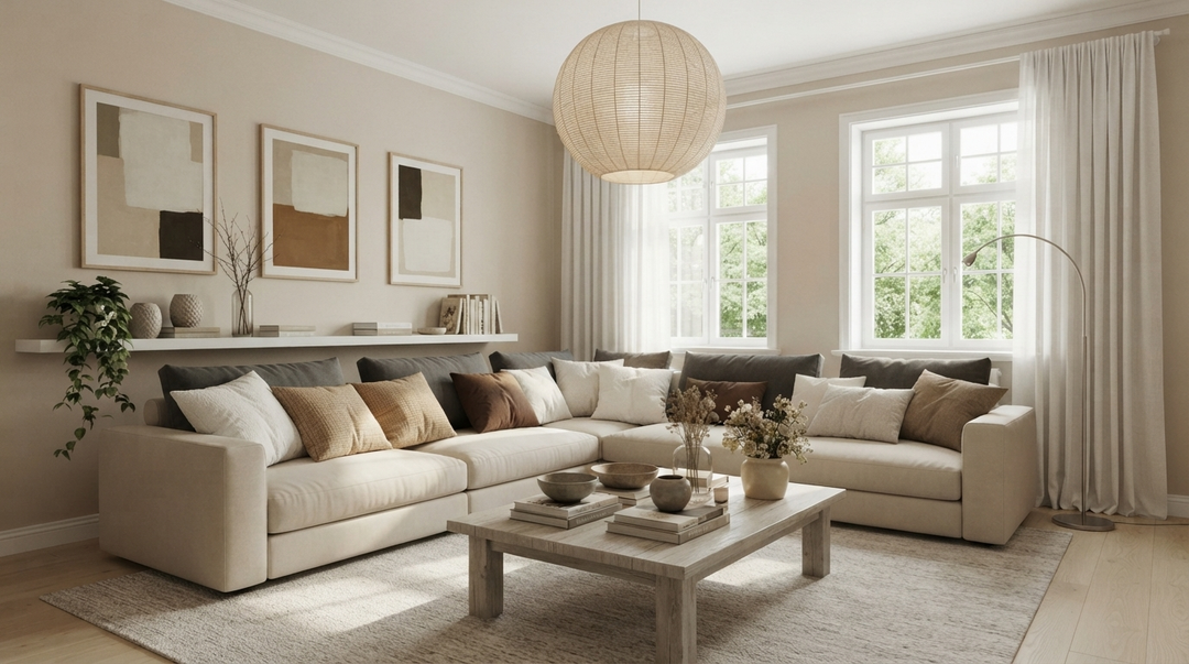 A cozy, modern living room with a neutral color palette, featuring a large beige sectional sofa and a rustic wooden coffee table, with abstract art and a shelf on the wall, and white curtains on the windows.