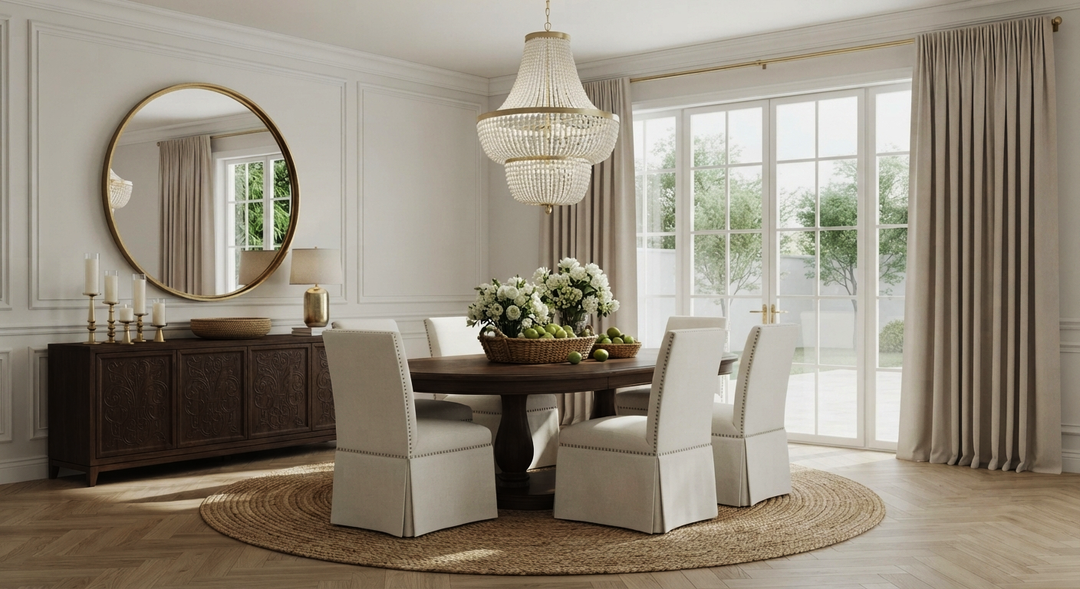Elegant dining room setup with a dark walnut dining table, cream upholstered chairs, a crystal chandelier, and floor-length drapes that add a soft, warm texture to the space.