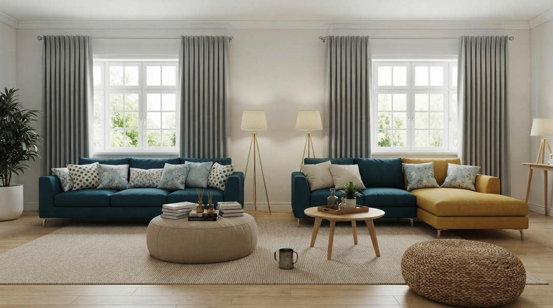 Modern minimalist living room featuring color-blocked peacock blue and mustard yellow sofas with gray floor-length curtains.