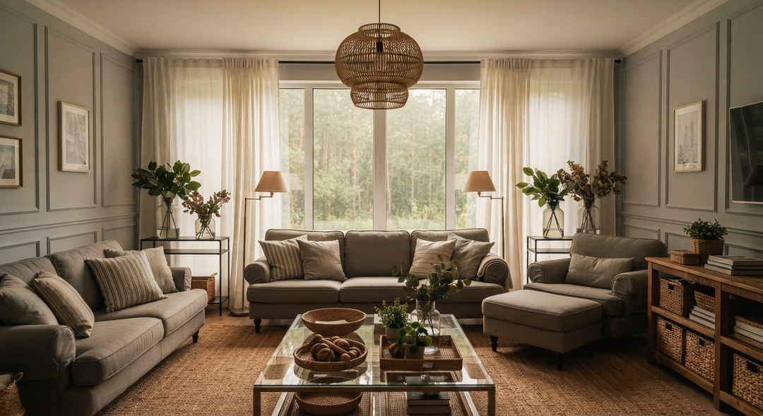 Cozy farmhouse-style living room featuring neutral sofas, a jute rug, and soft, sheer white floor-to-ceiling curtains.