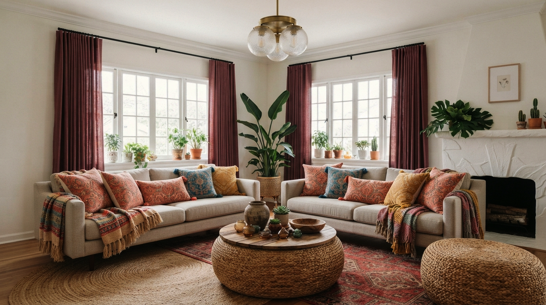 Pair of Lustrowin custom pinch pleat terracotta curtains framing large windows in a cozy bohemian living room with cream sofas, textured patterned pillows, and a round rattan coffee table.