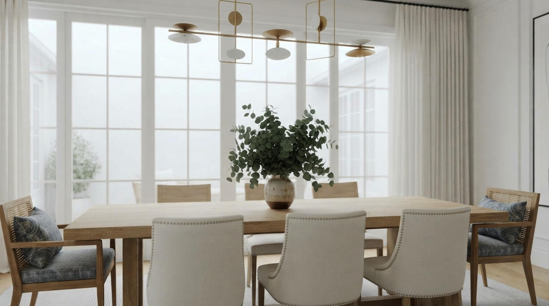 A minimalist dining room with a light wood table, mixed seating, a large eucalyptus centerpiece, and a wall of floor-to-ceiling grid windows letting in natural light.