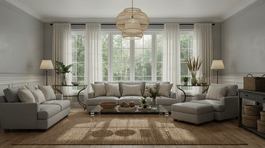 Serene living room with gray sectionals, a natural jute rug, and airy sheer curtains for a light-filled, modern farmhouse-inspired home decor style.
