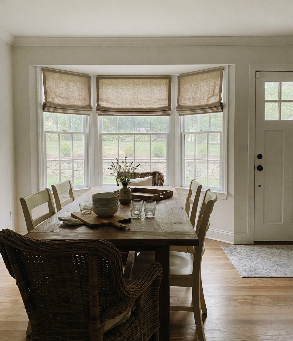 Cozy country dining room featuring a wooden table with mixed chairs, a bay window fitted with neutral linen Roman shades, and a white paneled door in the background.