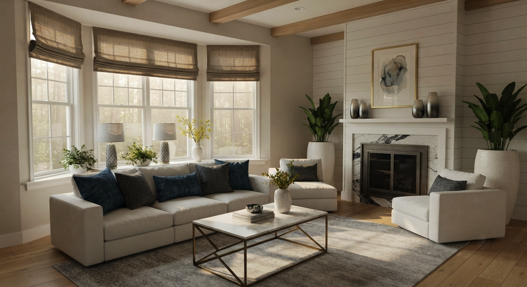 Detailed view of the living room seating area, showcasing the white sofa with textured pillows and the marble coffee table topped with books. The bay window is in the background.