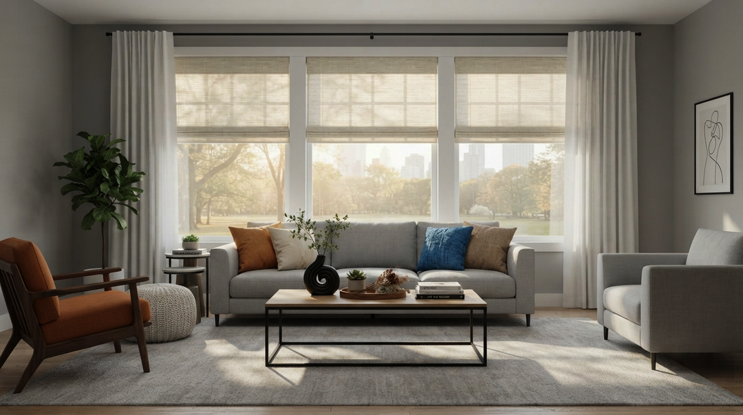 Modern living room featuring layered woven bamboo Roman shades and white curtains, filtering sunlight for a warm, cozy ambiance.