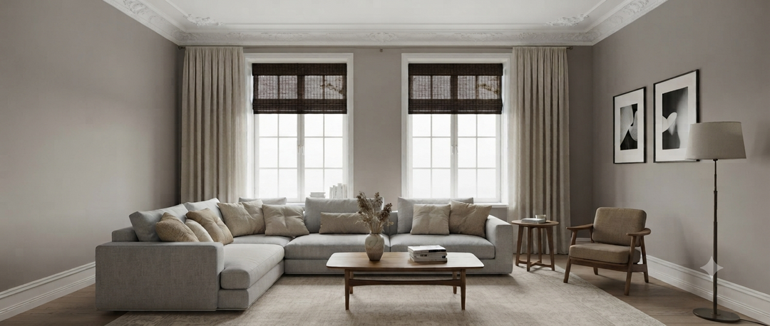 Elegant living room featuring a large grey sectional sofa, a wooden coffee table, and two windows with dark woven roman shades and full-length taupe curtains.