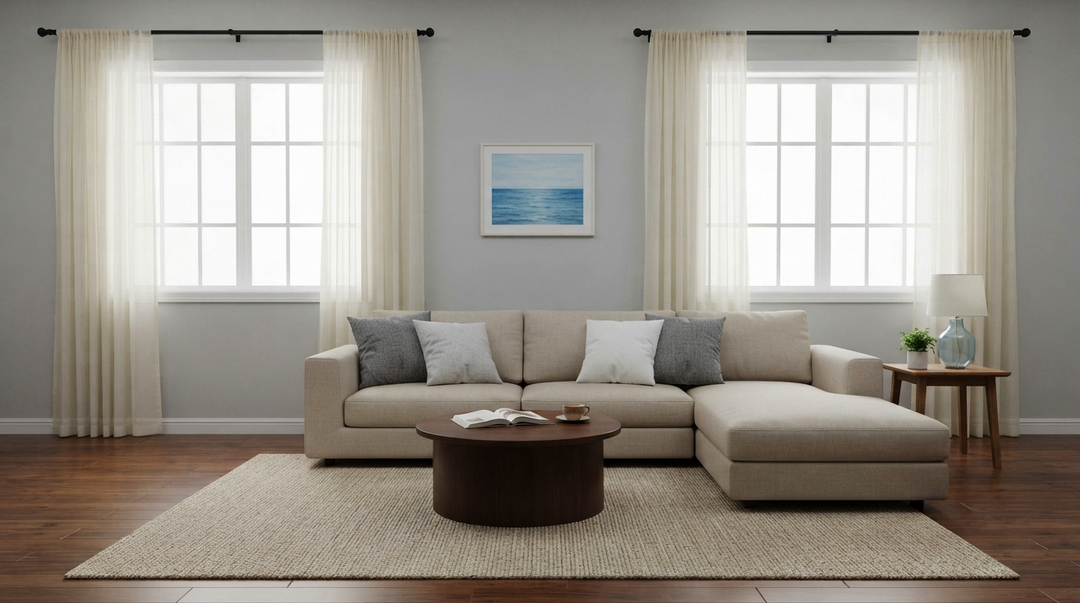 Modern minimalist living room with off-white sheer curtains and a beige sectional sofa.