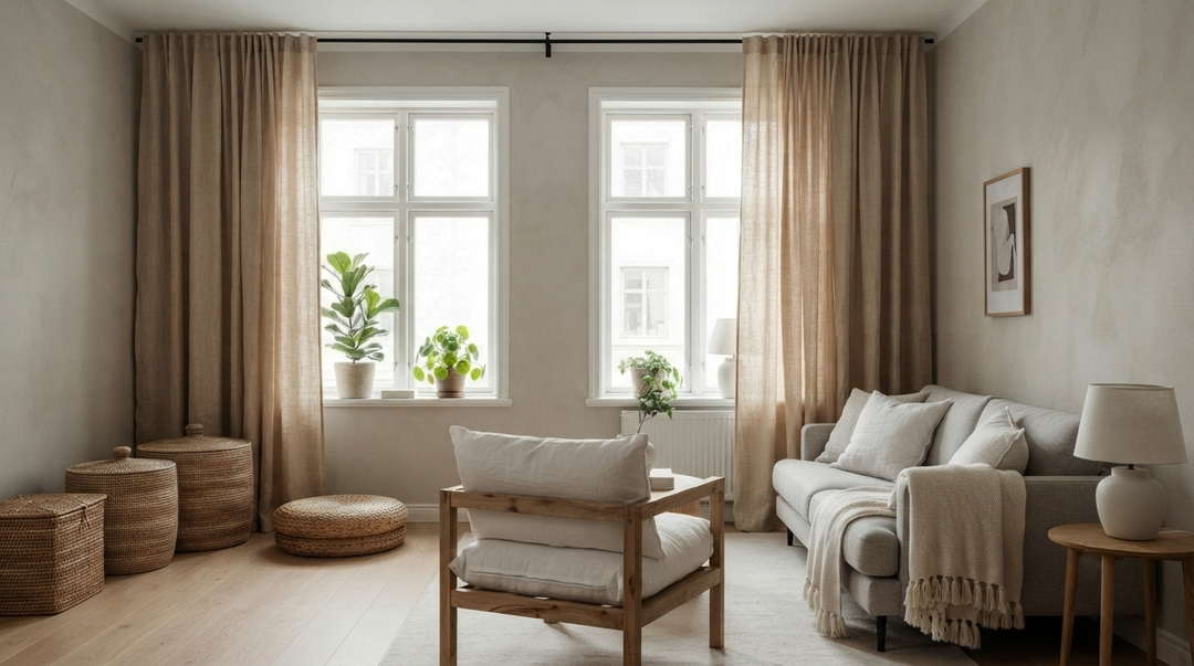 Wabi-sabi style living room featuring cream-beige linen texture curtains, white grid windows, and a cozy neutral sofa.