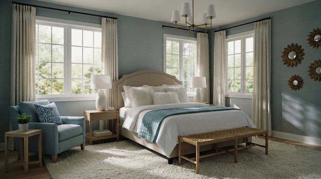 Serene modern coastal bedroom with a beige upholstered bed, sky-blue armchair, and bamboo woven blinds.