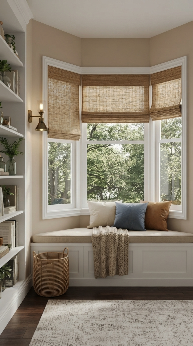 Cozy bay window reading corner featuring woven Roman shades and comfortable seat cushions.