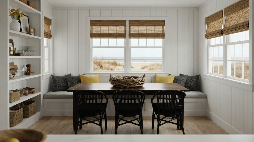 Coastal dining nook featuring woven blinds, a built-in window bench, and a dining table.