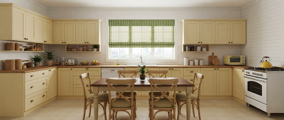 right and elegant kitchen panorama featuring windows styled with green plaid Roman shades, surrounded by beige cabinets and a dining table.