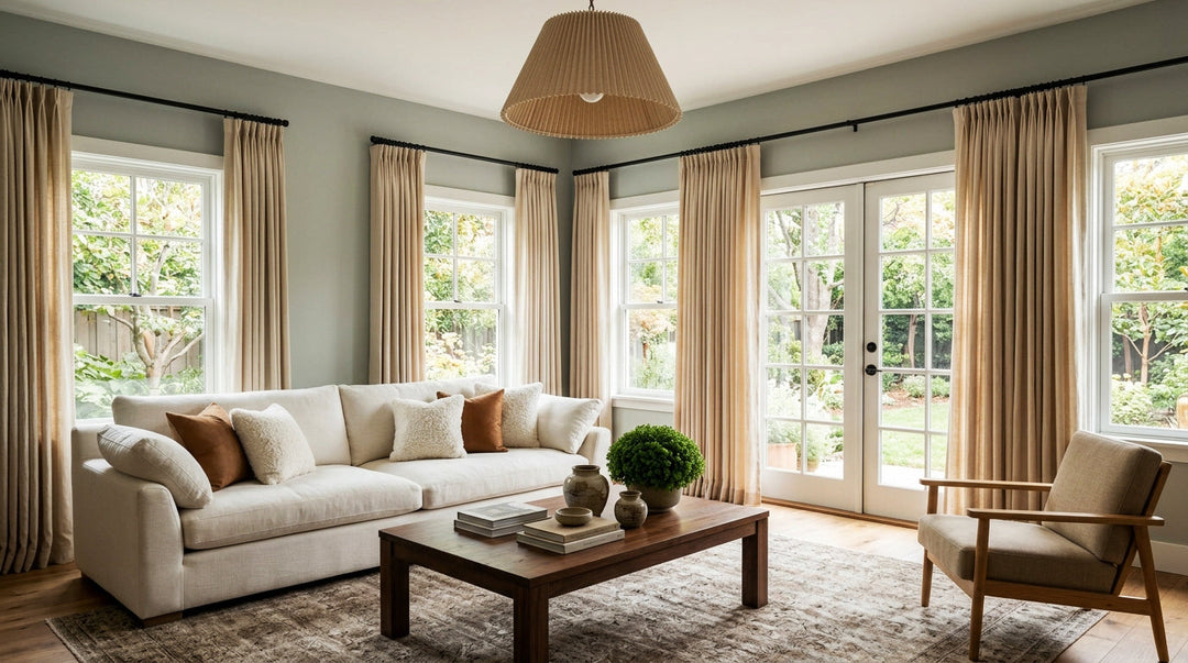 Bright and elegant living room featuring a white sectional sofa, black curtain rods, and beige floor-to-ceiling curtains.