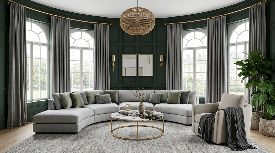 Luxury living room with deep green curved walls, arched windows, gold curved curtain rods, and grey floor-to-ceiling curtains.