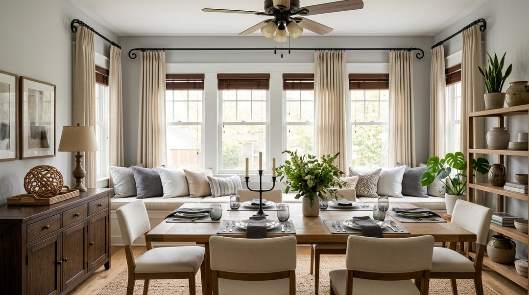 Elegant and bright dining room featuring a long dining table, built-in window seating, wooden blinds, and beige floor-to-ceiling drapes.