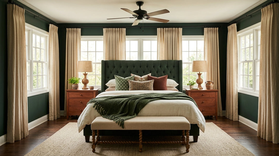 Sophisticated deep green bedroom featuring a tufted green bed, wooden nightstands, and beige floor-to-ceiling curtains.