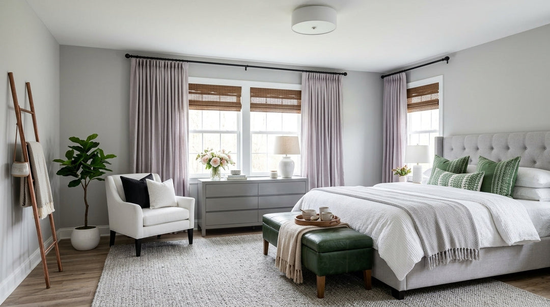 Modern bedroom featuring layered curtains, woven wood shades, a tufted bed, and an armchair.