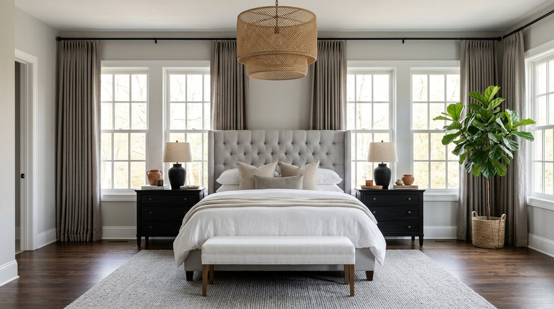 Symmetrical aesthetic bedroom featuring a tufted grey bed, black nightstands, a potted plant, and sophisticated grey floor-to-ceiling drapes.
