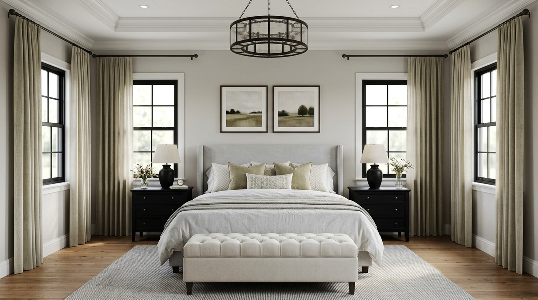 Symmetrical bedroom featuring beige floor-length curtains and an upholstered bed.
