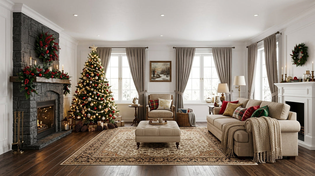 Festive living room decorated for Christmas featuring a decorated tree, fireplace, brown sectional sofa, and dark gray curtains.