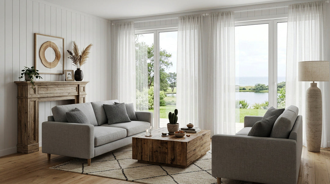Bright modern living room featuring grey sofas, a wooden mantel, and white sheer curtains.