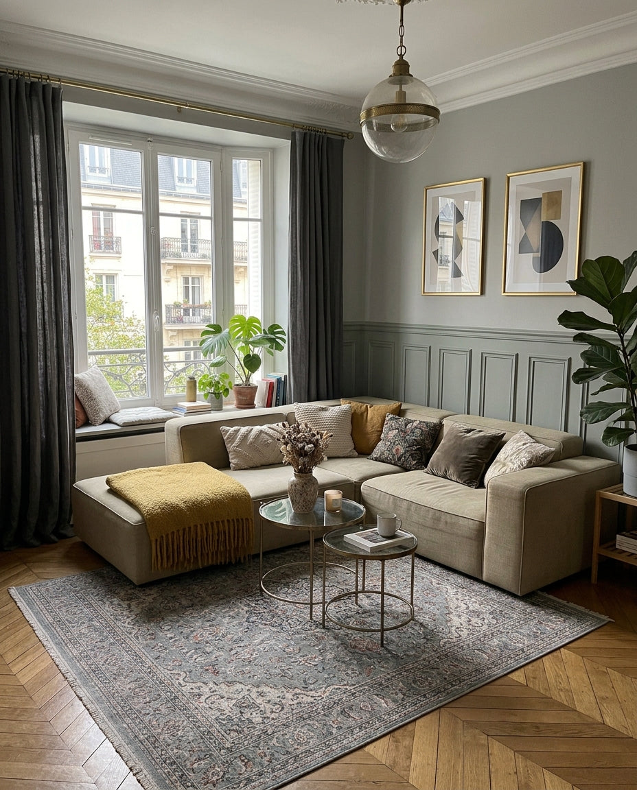 French modern living room featuring a beige sectional sofa, yellow throw, wall paneling, and dark grey floor-to-ceiling curtains.
