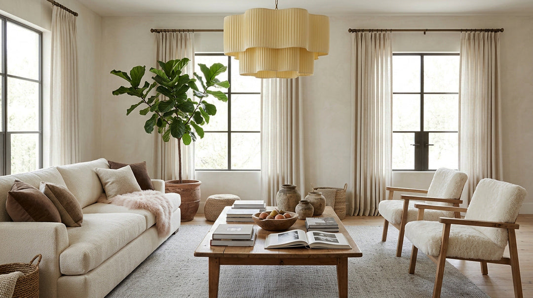 Cozy cream-toned living room featuring high-hung beige curtains.