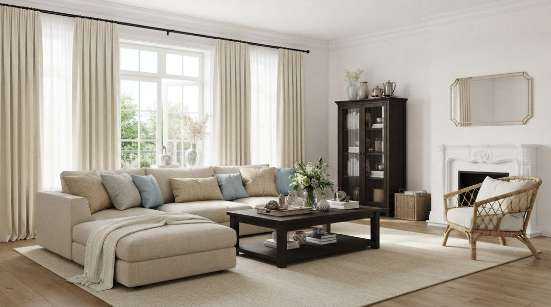 Modern classic living room featuring a beige sectional sofa, light-colored curtains, a dark wood display cabinet, and a fireplace.