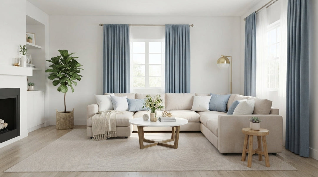 Modern living room featuring a beige sectional sofa, blue-grey drapery panels, and a round wooden coffee table.