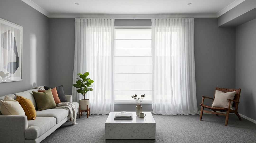 Modern living room featuring white sheer curtains, a light grey sofa, and a marble coffee table.