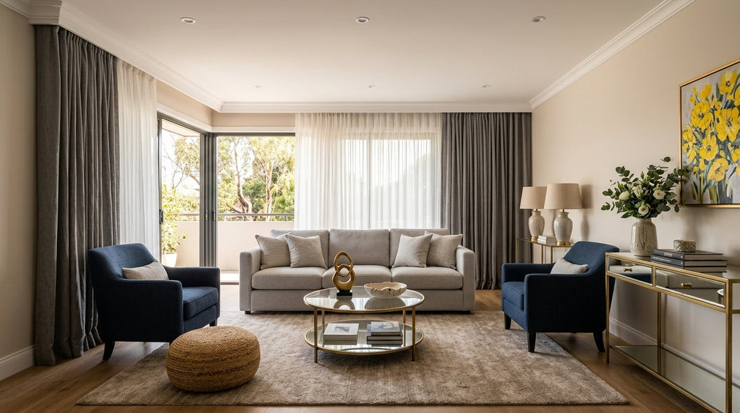 Modern living room featuring grey drapery panels, sheer curtains, a grey sectional, and navy blue armchairs.