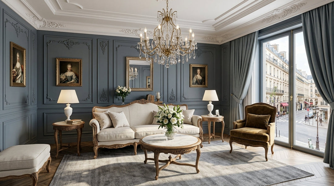 Luxury classic living room featuring grey drapery panels, elegant wall molding, and a crystal chandelier.