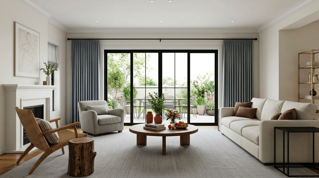 Modern living room featuring grey drapery panels, sliding glass doors, and a cream sectional sofa.