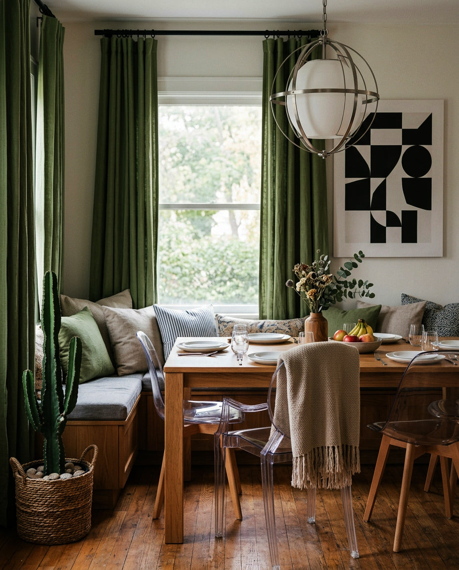Modern dining room featuring green curtains, a wooden dining table, and a window seat.
