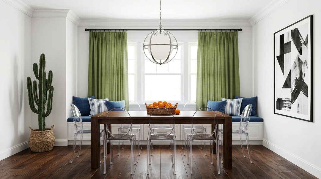 Modern dining room featuring green curtains, a wooden dining table, transparent chairs, and a globe pendant light.