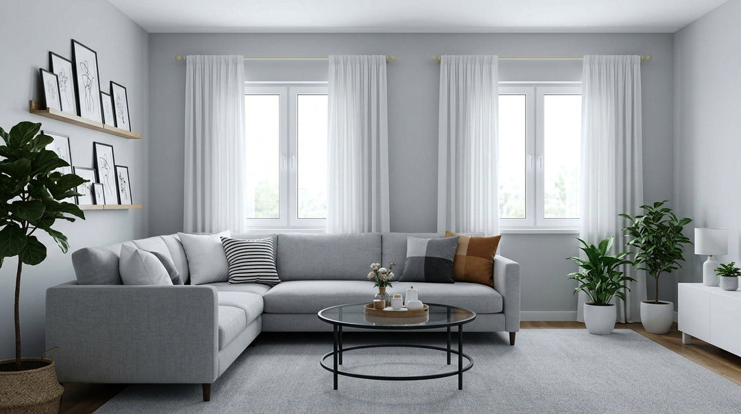Modern living room featuring white sheer curtains, a grey sectional sofa, and potted plants.